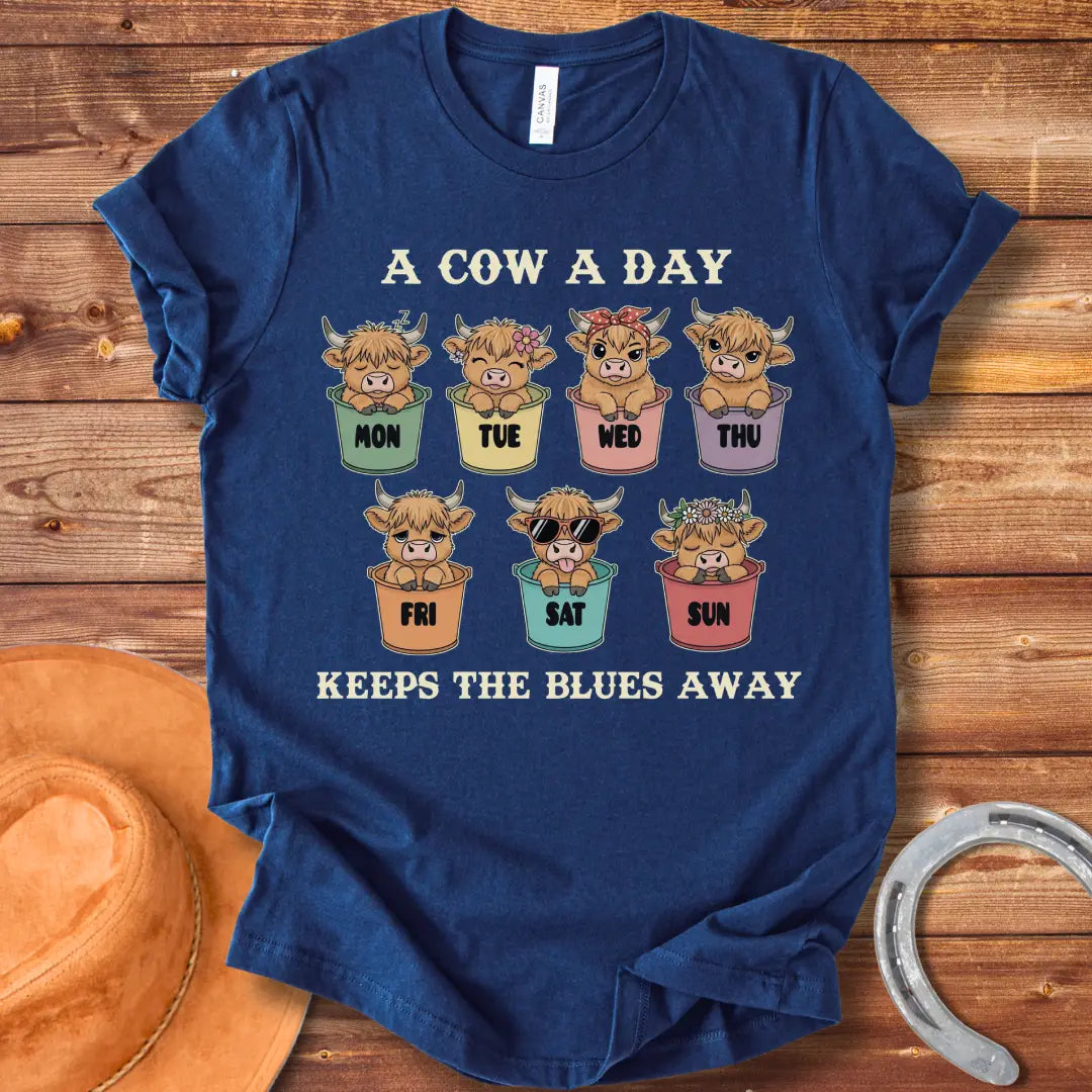 A Cow A Day Vintage T-Shirt featuring cute cow illustrations for each day of the week, designed for cow lovers.