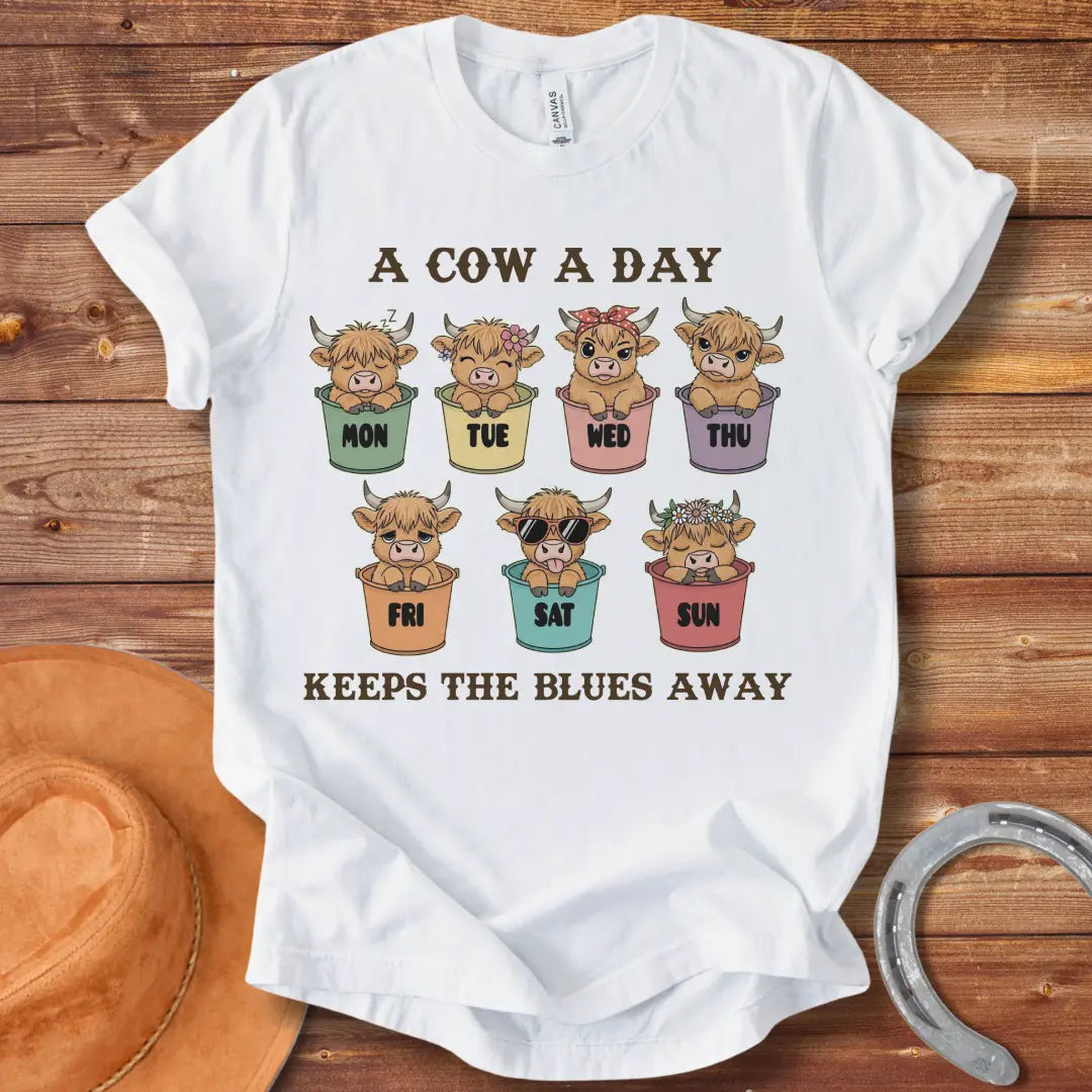 A Cow A Day Vintage T-Shirt featuring cute cow illustrations for each day of the week, designed for cow lovers.