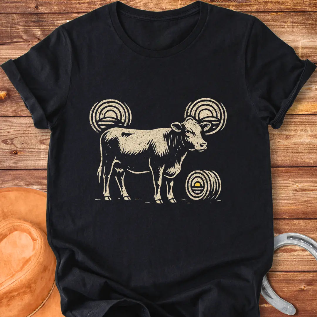 Abstract design t-shirt featuring a cow silhouette and stylized hay bales.