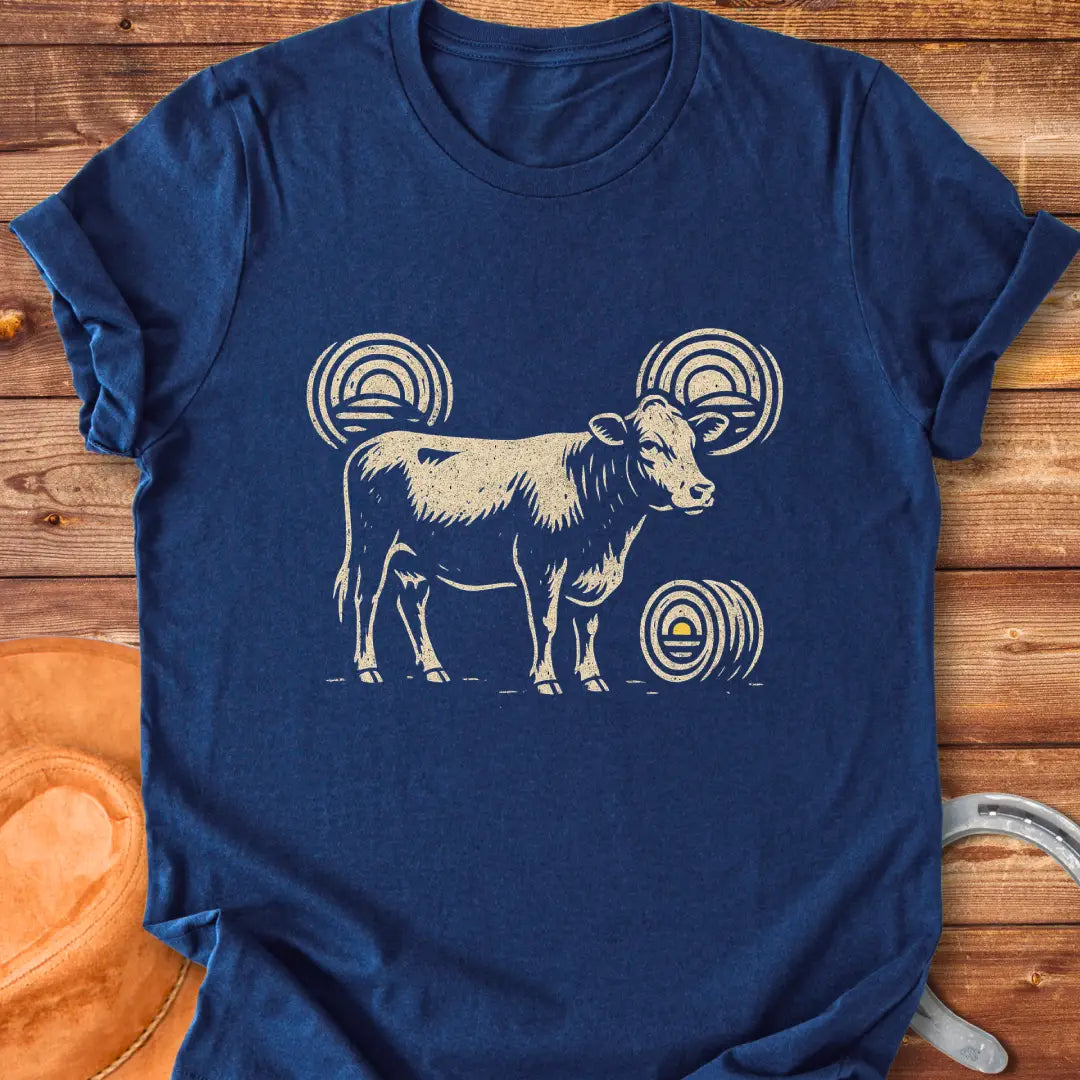 Abstract design t-shirt featuring a cow silhouette and stylized hay bales.