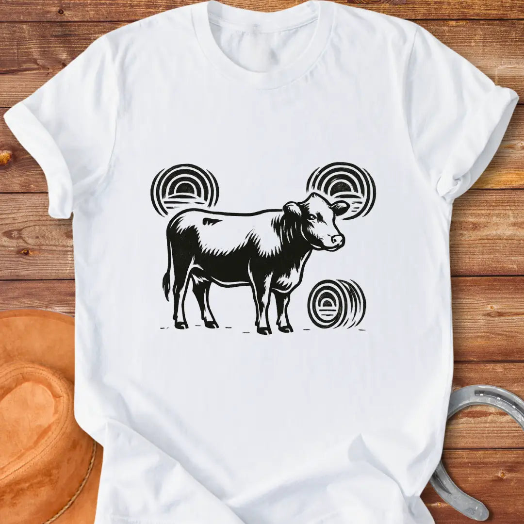 Abstract design t-shirt featuring a cow silhouette and stylized hay bales.