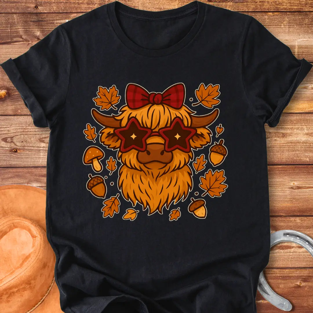 Cartoon illustration of a Highland cow wearing star-shaped sunglasses and a bow, surrounded by acorns, mushrooms, and fall leaves.