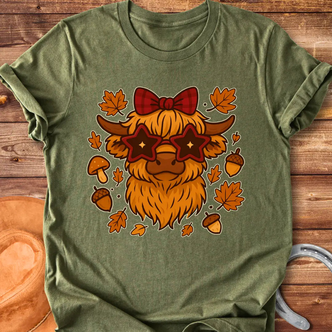 Cartoon illustration of a Highland cow wearing star-shaped sunglasses and a bow, surrounded by acorns, mushrooms, and fall leaves.