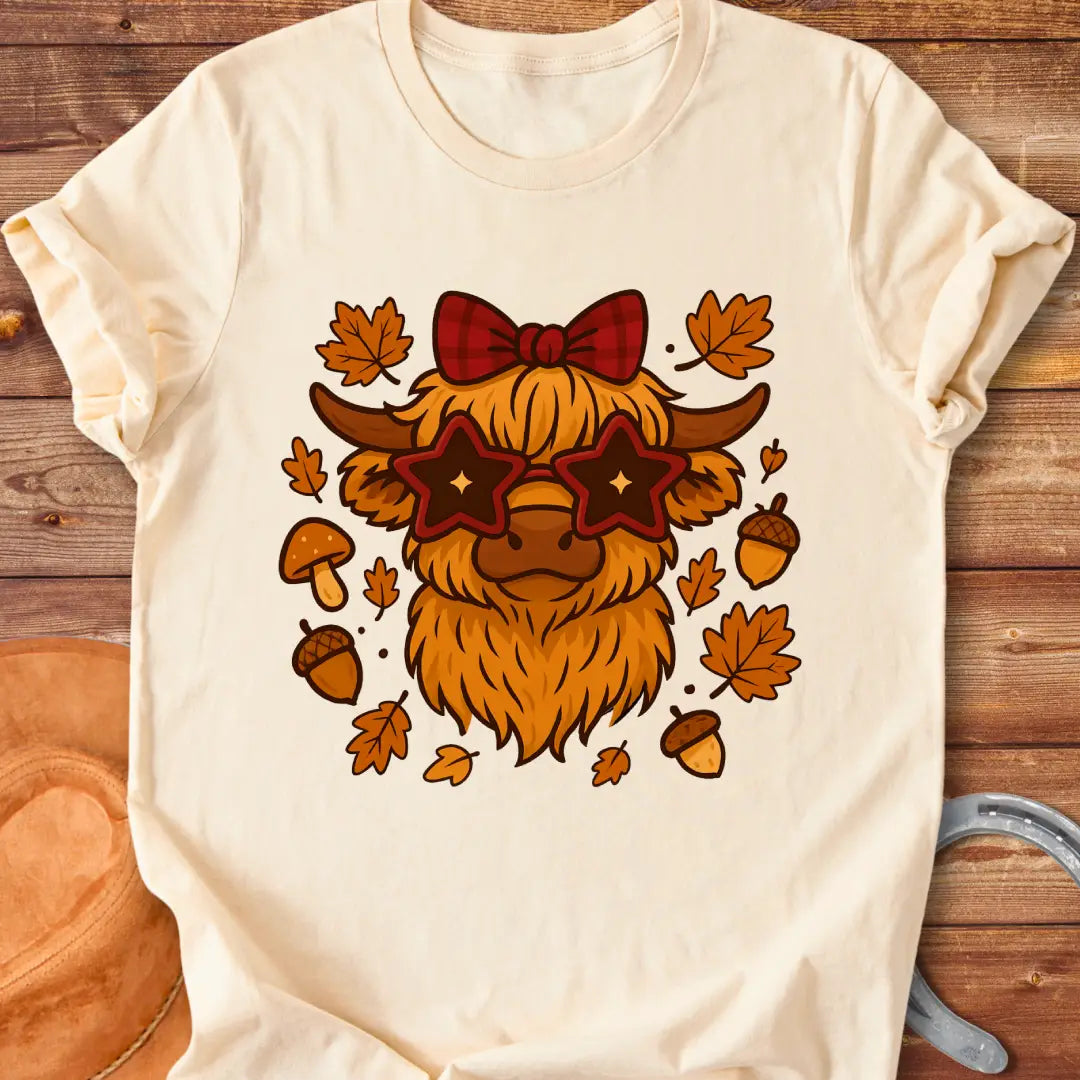 Cartoon illustration of a Highland cow wearing star-shaped sunglasses and a bow, surrounded by acorns, mushrooms, and fall leaves.