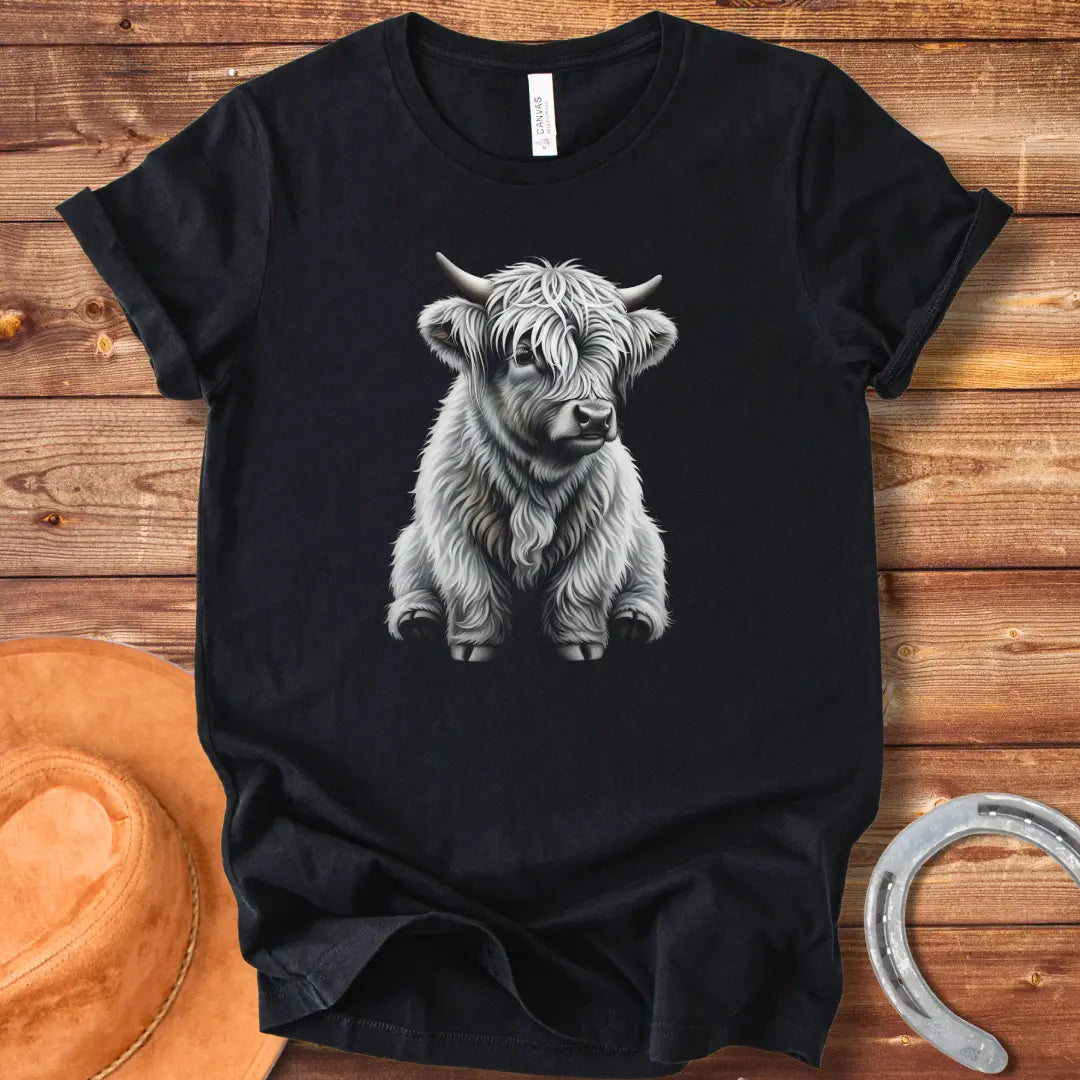 Illustration of a cute baby Highland cow with long white fur and small horns, sitting down and looking friendly.