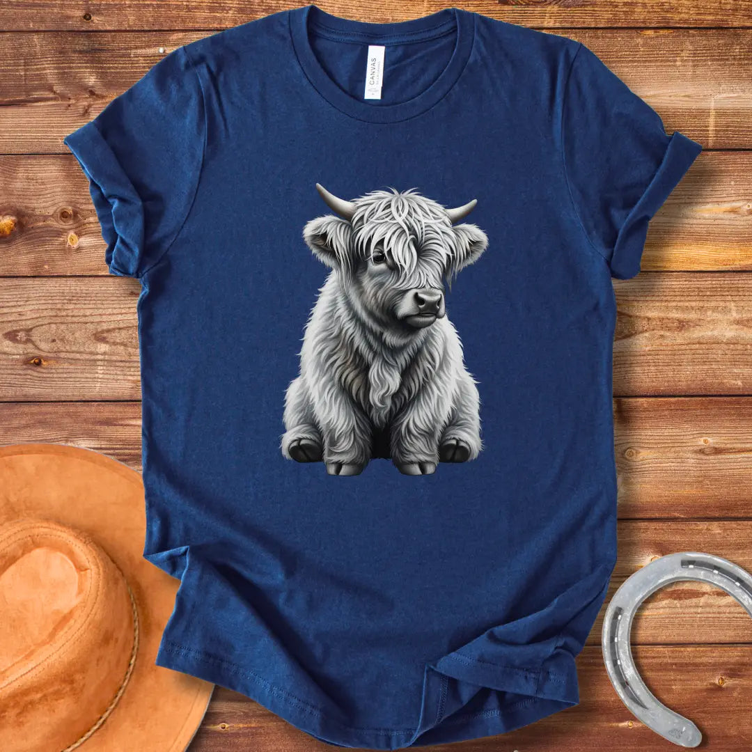 Illustration of a cute baby Highland cow with long white fur and small horns, sitting down and looking friendly.