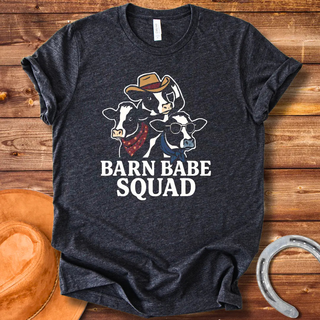 Barn Babe Squad T-Shirt featuring three illustrated cows wearing bandanas and a cowboy hat, perfect for cow lovers and farm enthusiasts.
