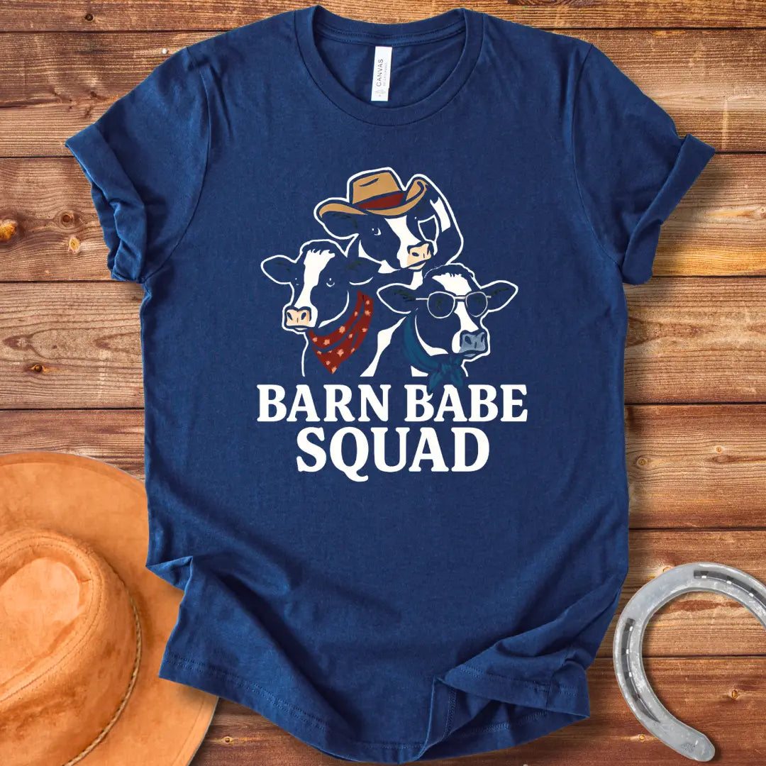 Barn Babe Squad T-Shirt featuring three illustrated cows wearing bandanas and a cowboy hat, perfect for cow lovers and farm enthusiasts.