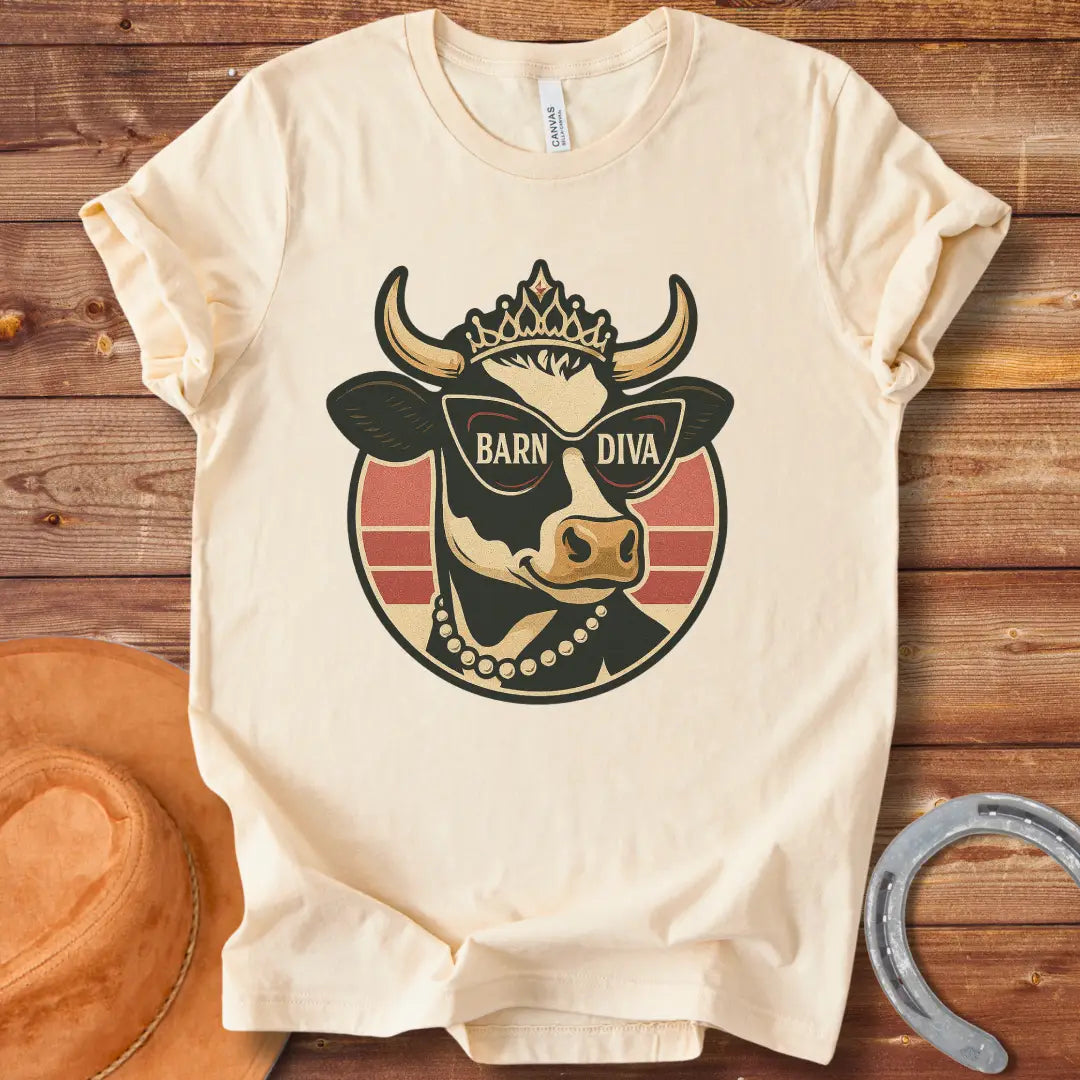 Barn Diva T-Shirt featuring a stylish cow wearing sunglasses and a crown, with the words 'Barn Diva' displayed.
