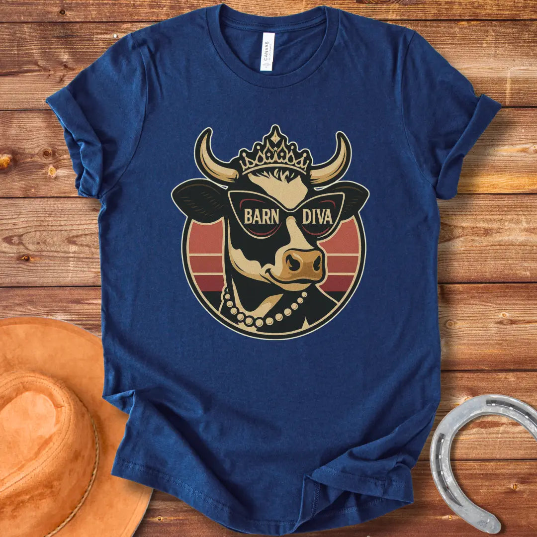 Barn Diva T-Shirt featuring a stylish cow wearing sunglasses and a crown, with the words 'Barn Diva' displayed.