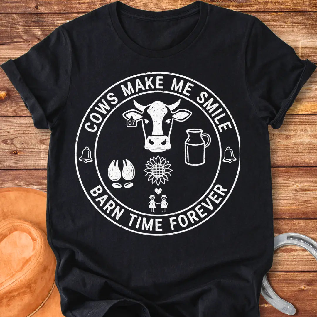 Barn Time Pact T-Shirt featuring a cow head, sunflower, milk jug, and happy people to express cow love.