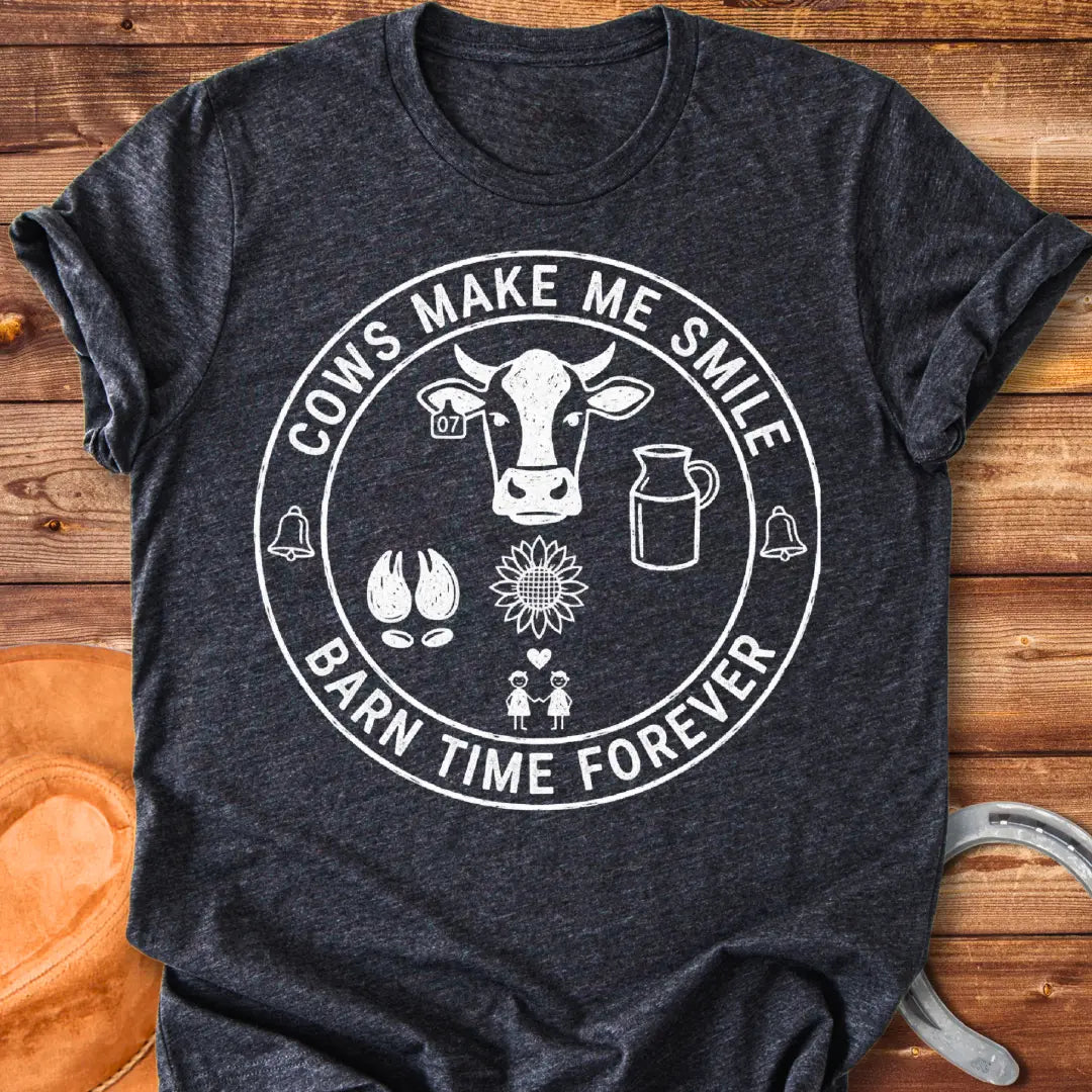 Barn Time Pact T-Shirt featuring a cow head, sunflower, milk jug, and happy people to express cow love.