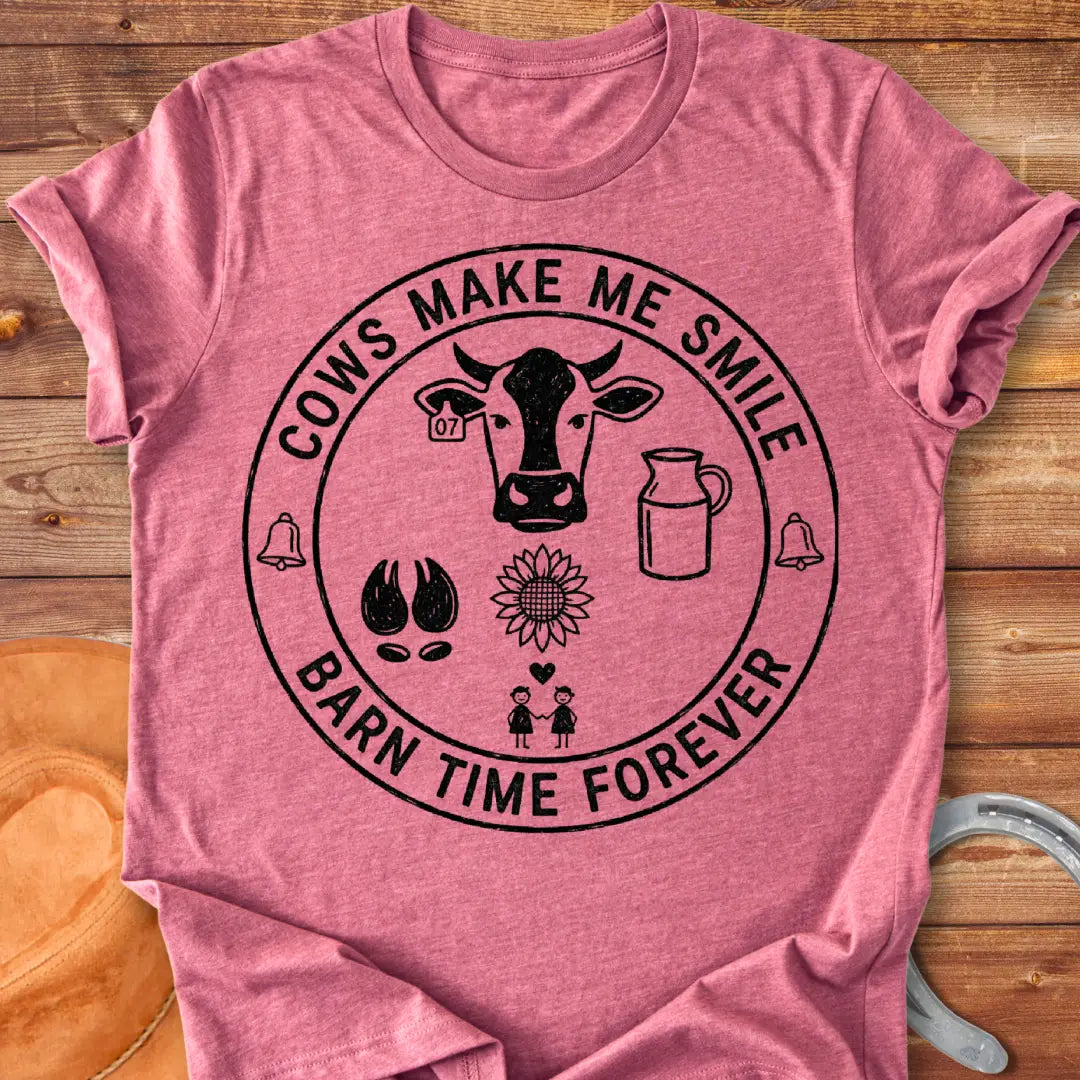 Barn Time Pact T-Shirt featuring a cow head, sunflower, milk jug, and happy people to express cow love.