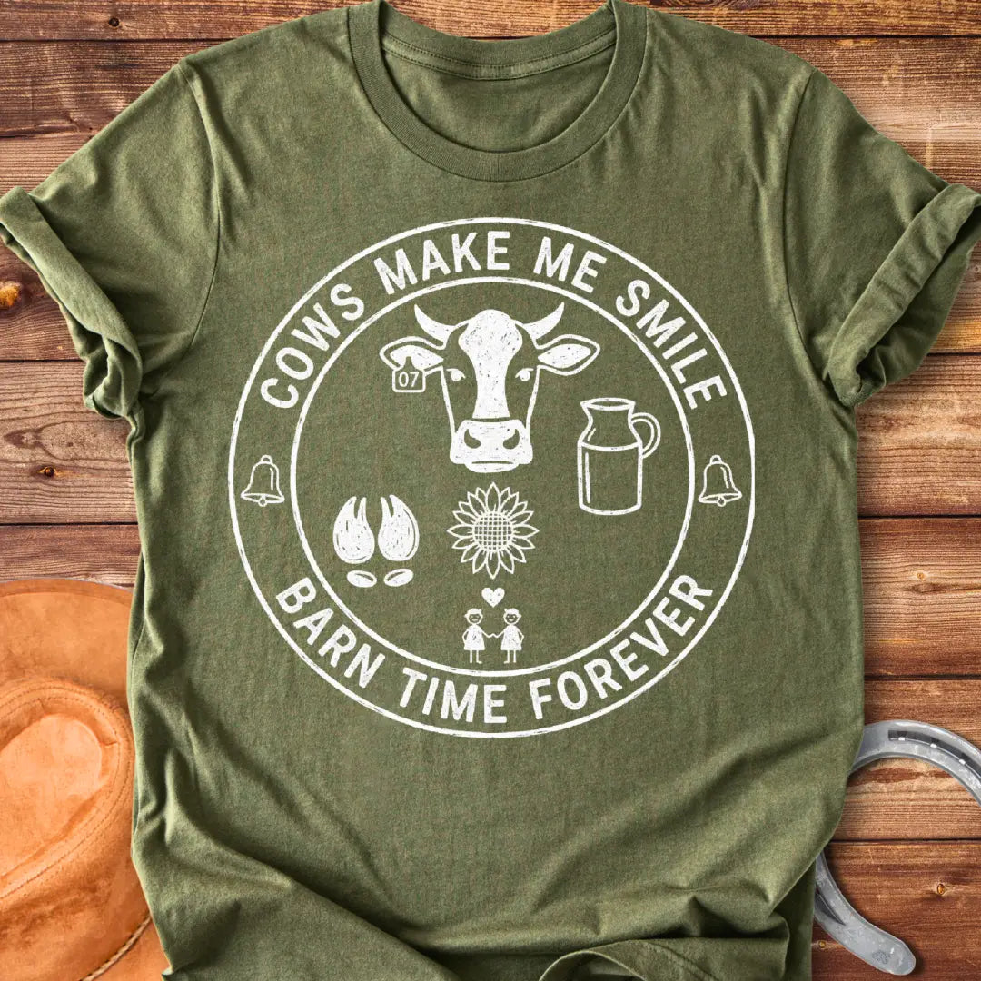 Barn Time Pact T-Shirt featuring a cow head, sunflower, milk jug, and happy people to express cow love.