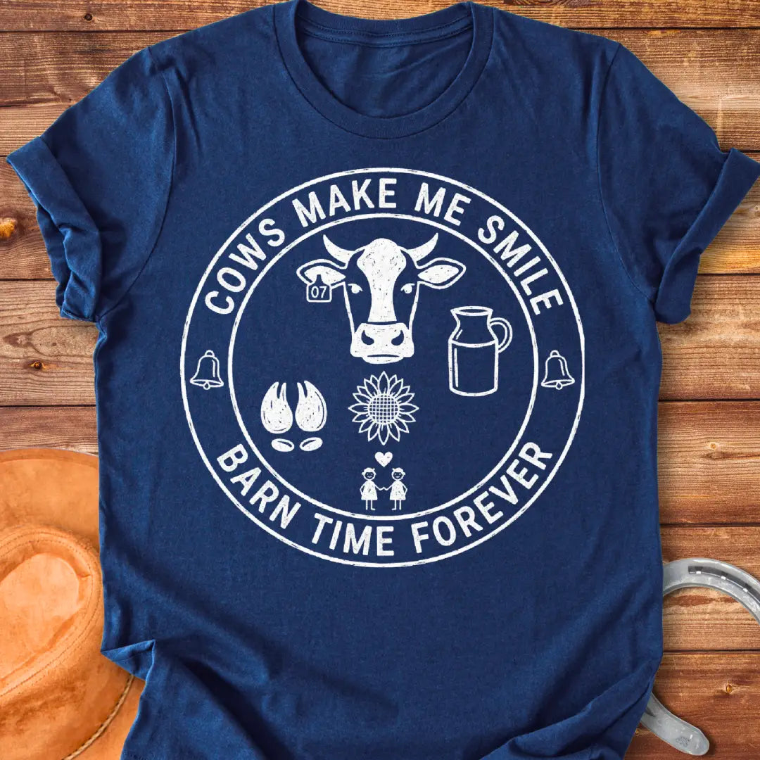 Barn Time Pact T-Shirt featuring a cow head, sunflower, milk jug, and happy people to express cow love.