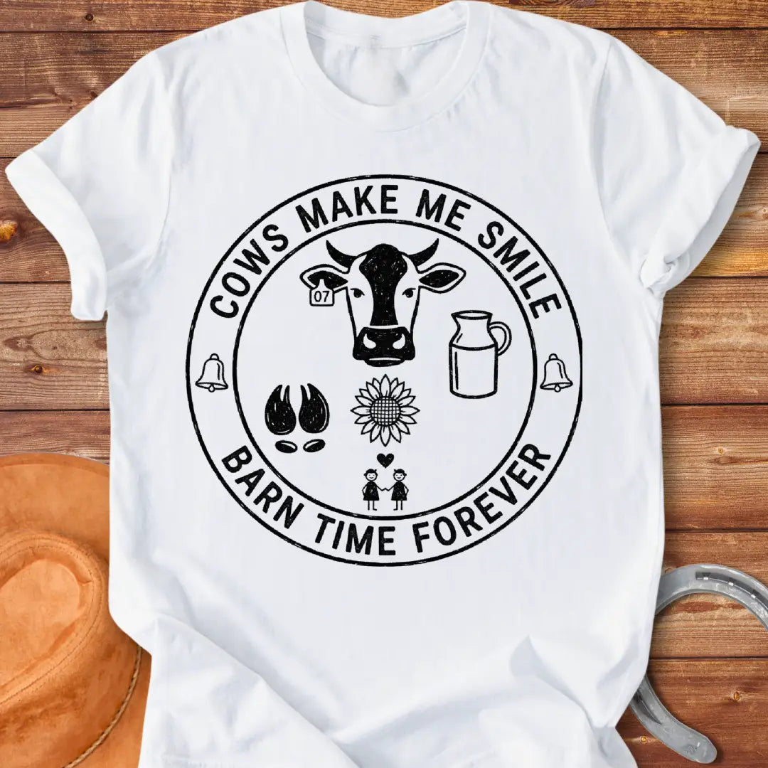 Barn Time Pact T-Shirt featuring a cow head, sunflower, milk jug, and happy people to express cow love.