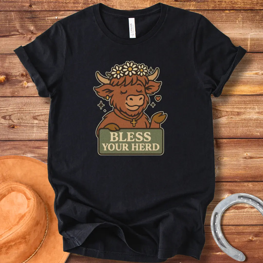Illustration of a happy Highland cow wearing a flower crown and cross necklace, holding a sign that says 'Bless Your Herd'.