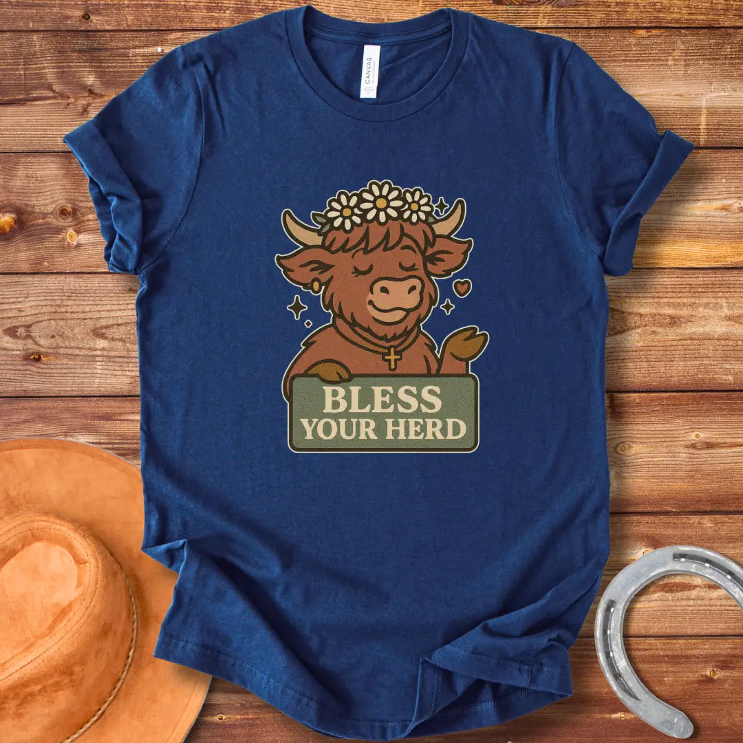 Illustration of a happy Highland cow wearing a flower crown and cross necklace, holding a sign that says 'Bless Your Herd'.
