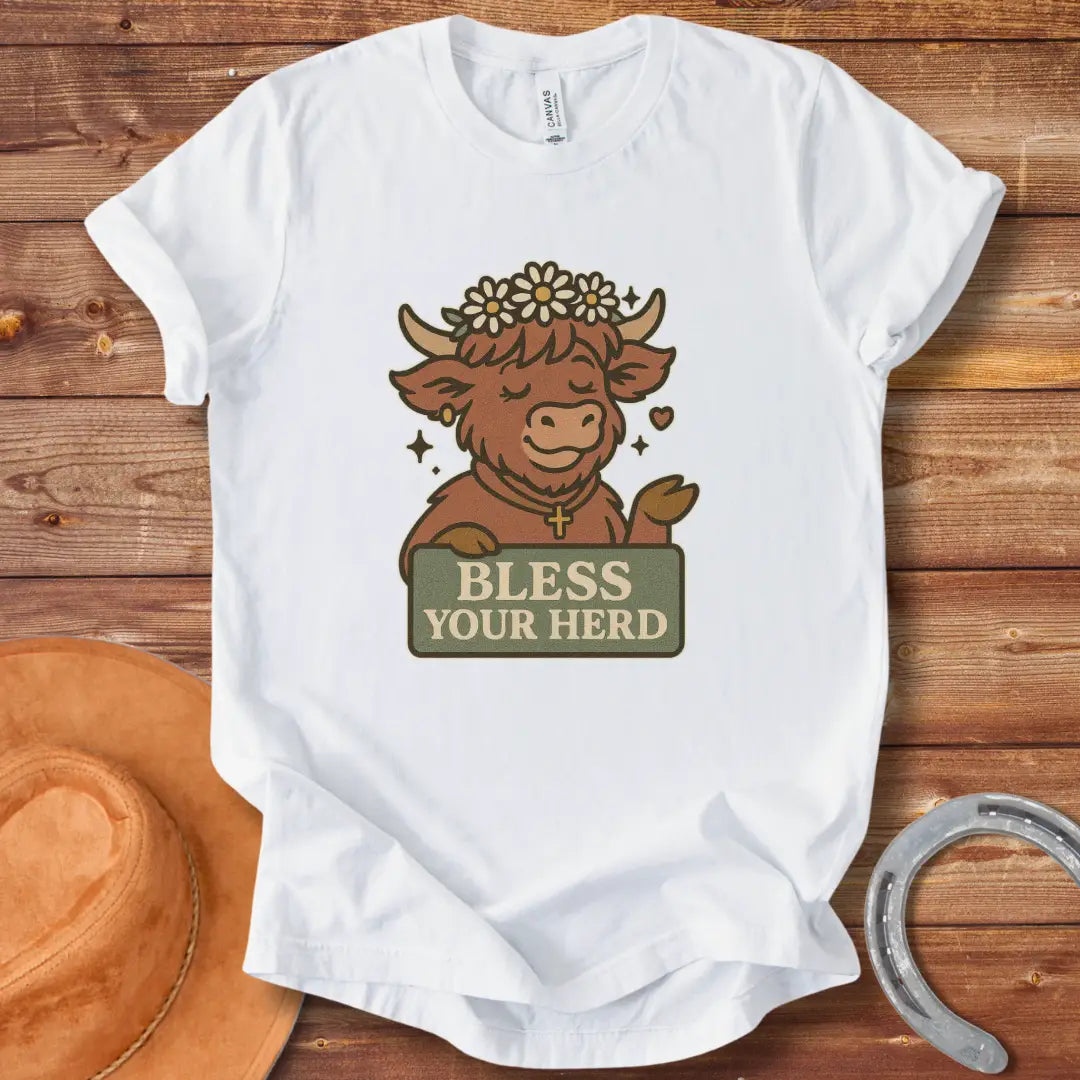 Illustration of a happy Highland cow wearing a flower crown and cross necklace, holding a sign that says 'Bless Your Herd'.