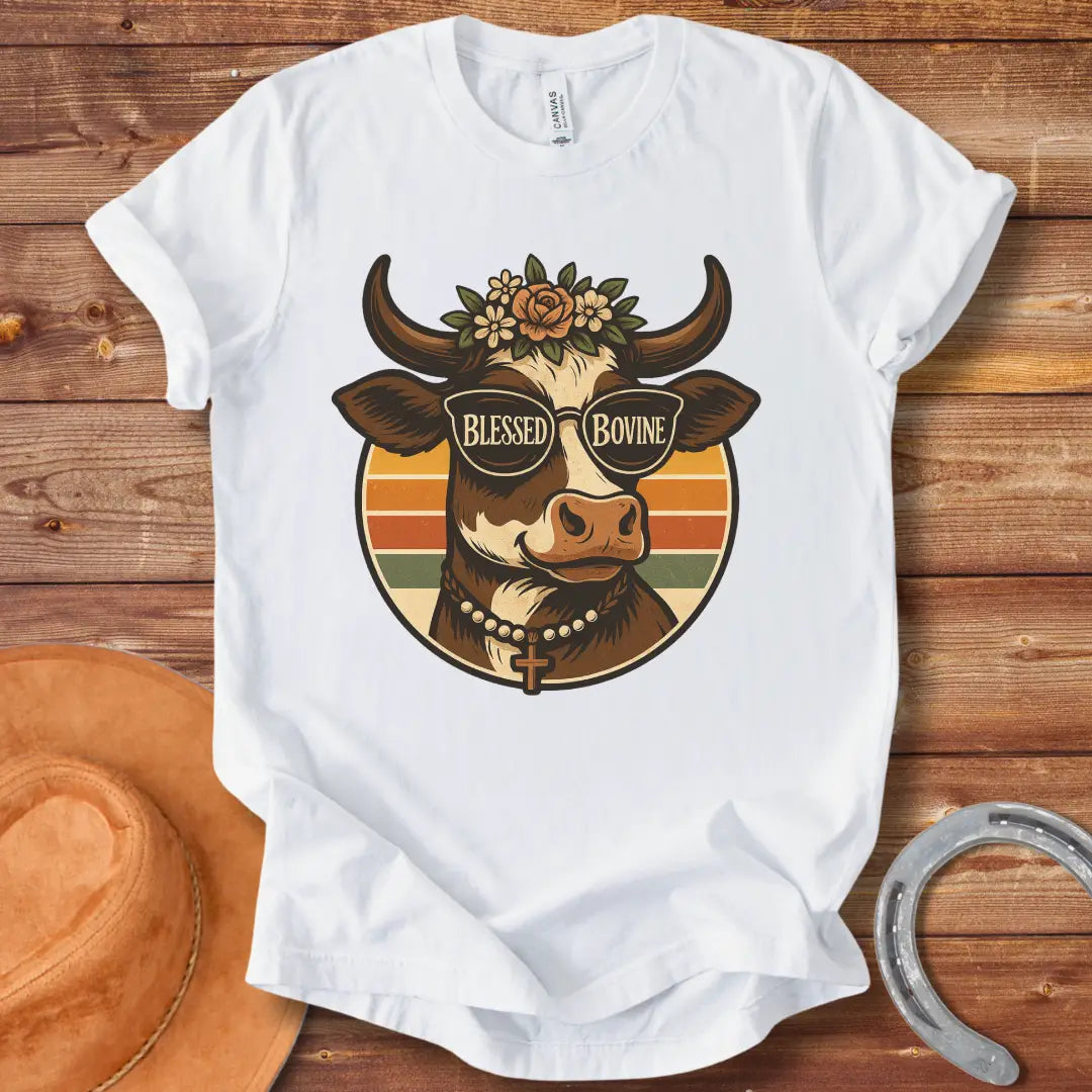 Blessed Bovine T-shirt design featuring a cow wearing sunglasses that say blessed bovine with a floral crown and a rosary.