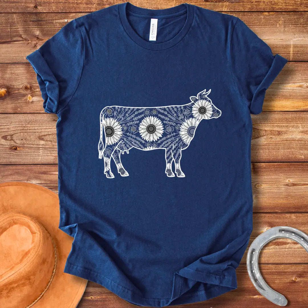 Botanical Cow Sketch T-Shirt featuring a cow silhouette filled with flowers and foliage