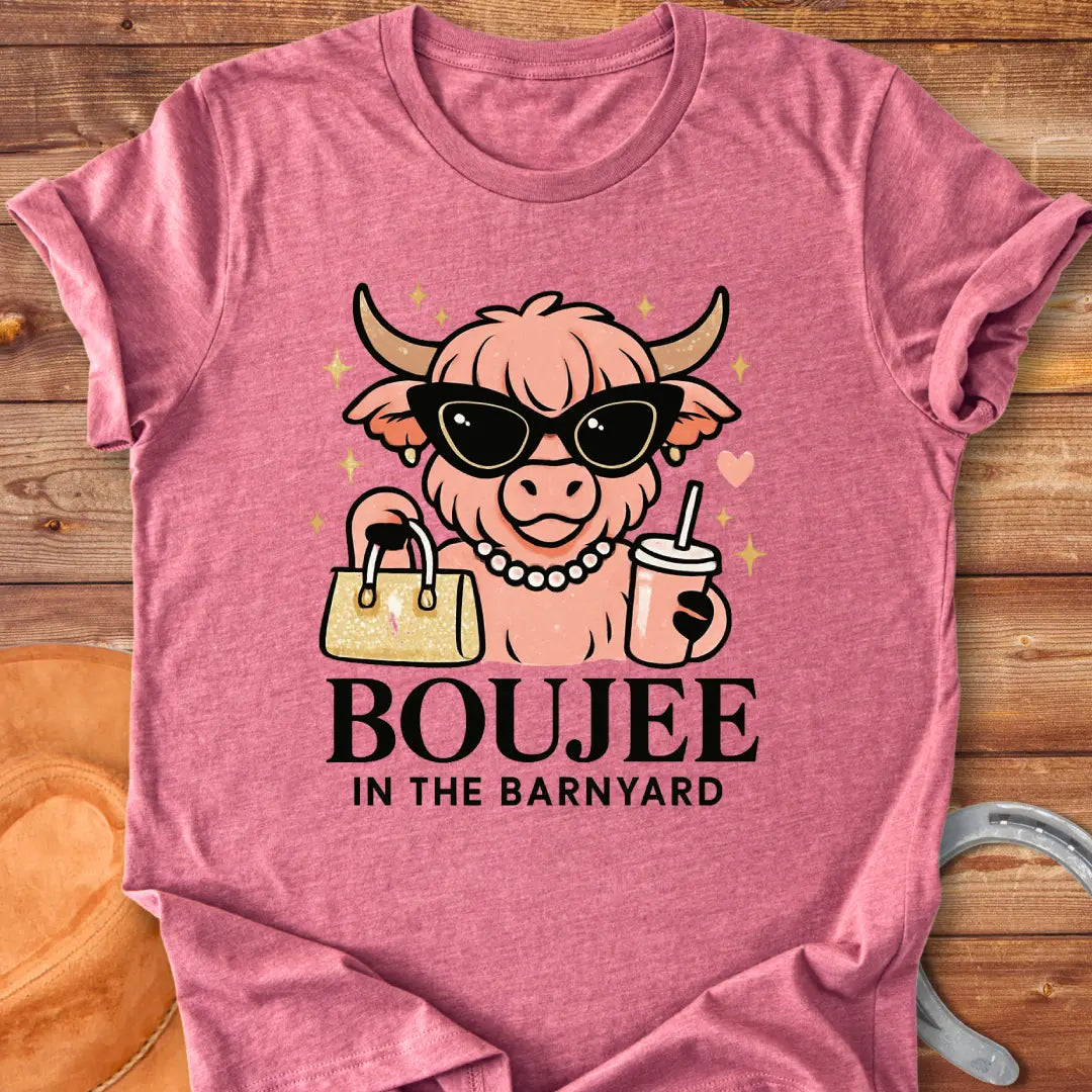 Boujee highland cow wearing sunglasses, pearls, and holding a purse and drink. The design says 'Boujee in the Barnyard'.