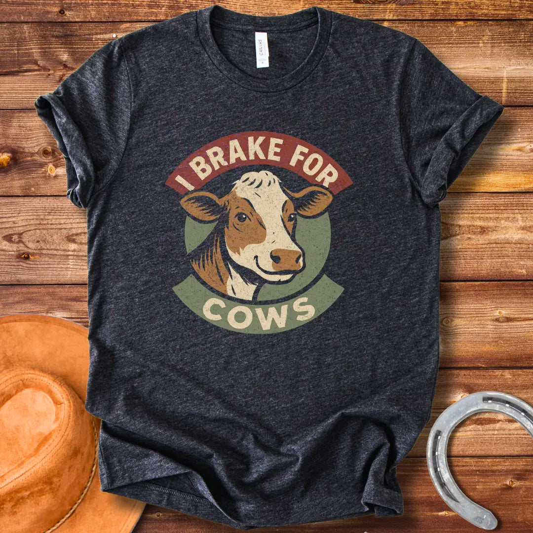 Brake for Cows T-Shirt with a smiling cow design in a vintage style.