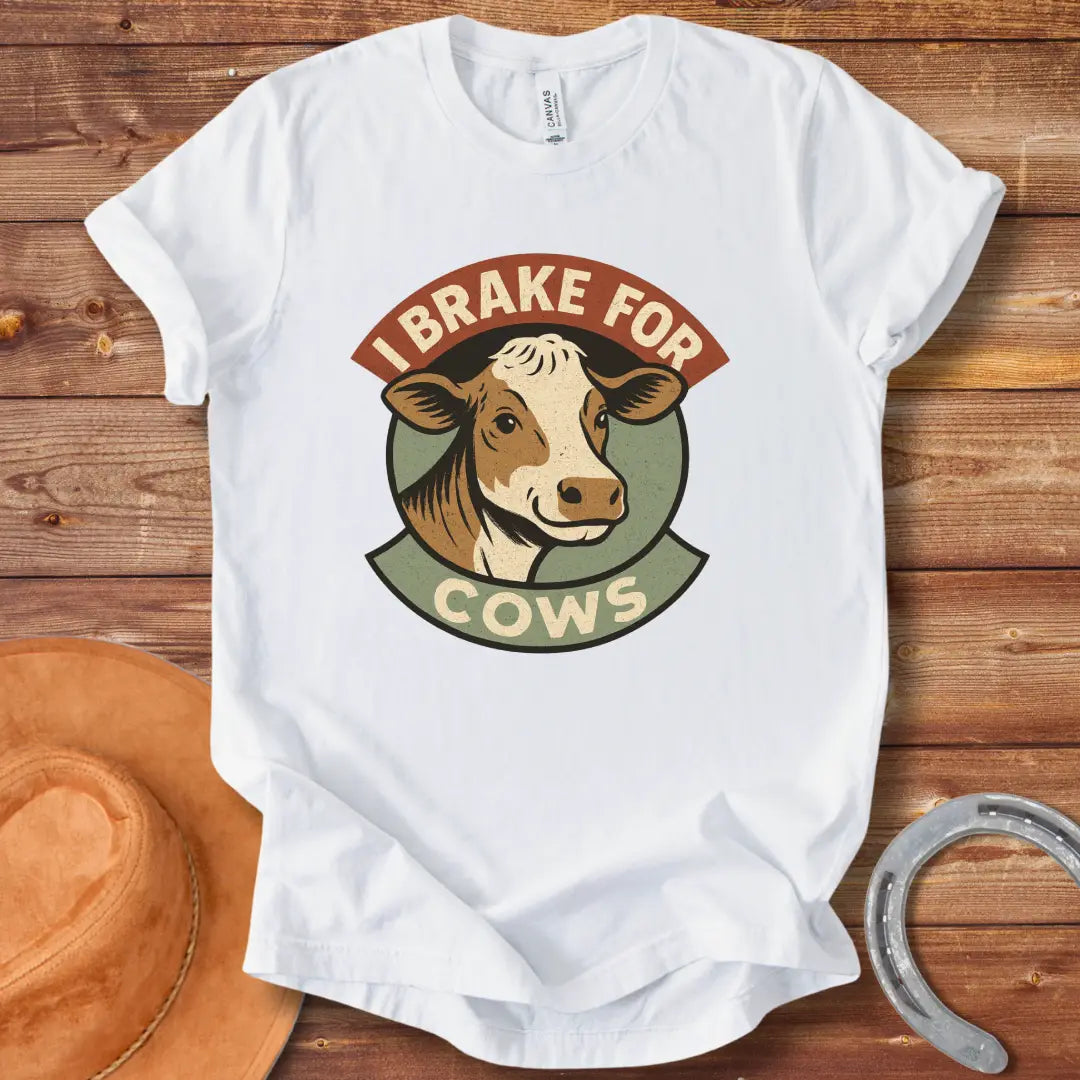 Brake for Cows T-Shirt with a smiling cow design in a vintage style.