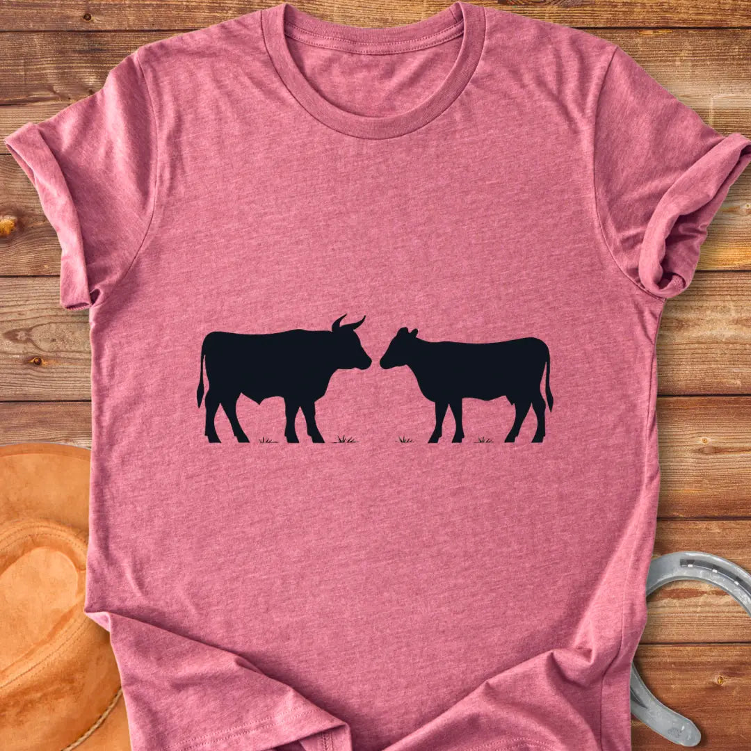 Bull & Heifer Standoff T-Shirt design t-shirt, showing a graphic of a cow.