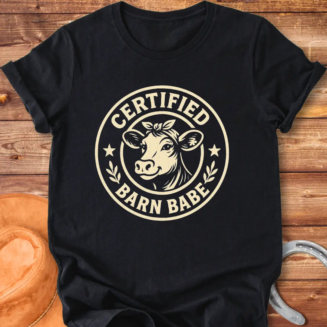 Certified Barn Babe T-shirt design with a happy cow illustration inside a circular badge.