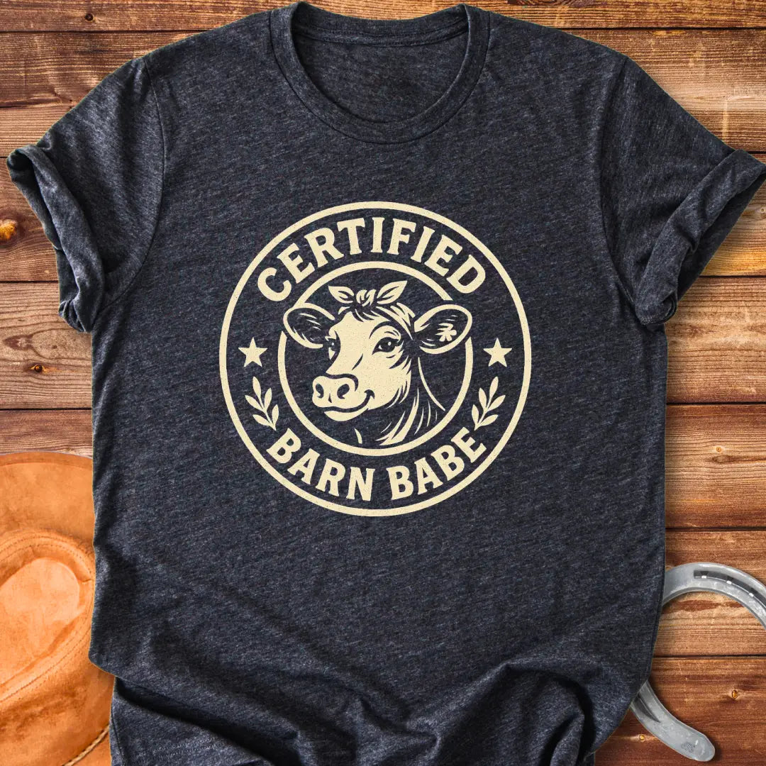 Certified Barn Babe T-shirt design with a happy cow illustration inside a circular badge.