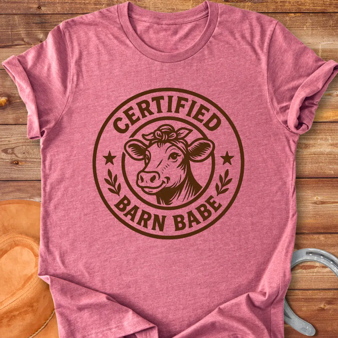 Certified Barn Babe T-shirt design with a happy cow illustration inside a circular badge.