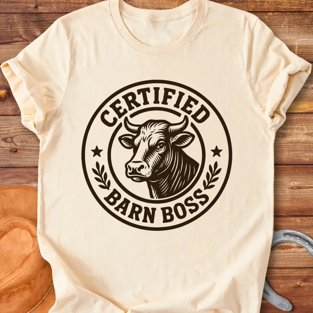 Certified Barn Boss t-shirt design with a bull's head inside a circle