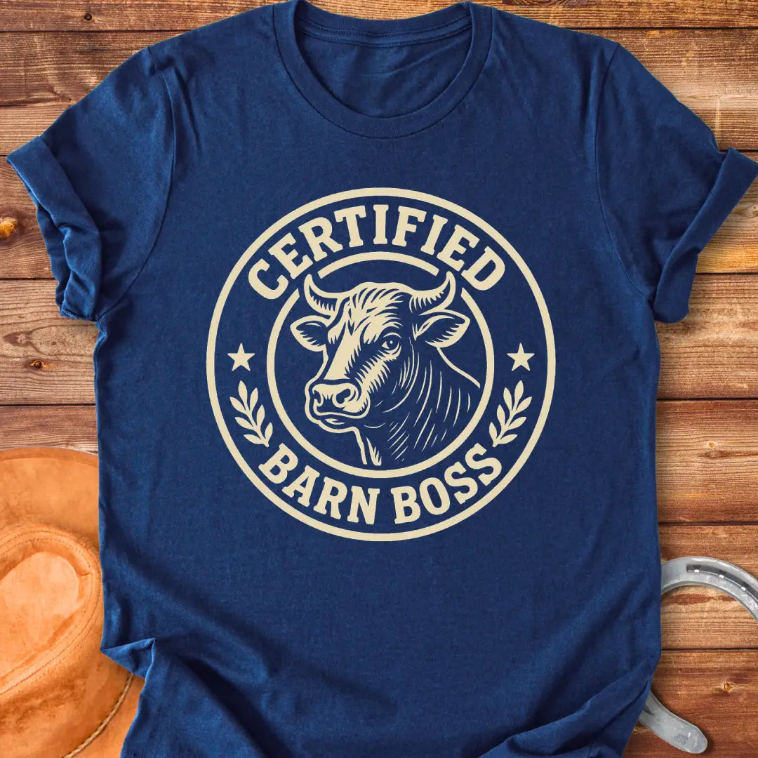 Certified Barn Boss t-shirt design with a bull's head inside a circle