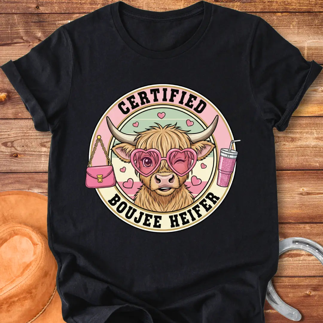 A cute cartoon highland cow wearing heart-shaped sunglasses, a purse, and a drink, labeled Certified Boujee Heifer.