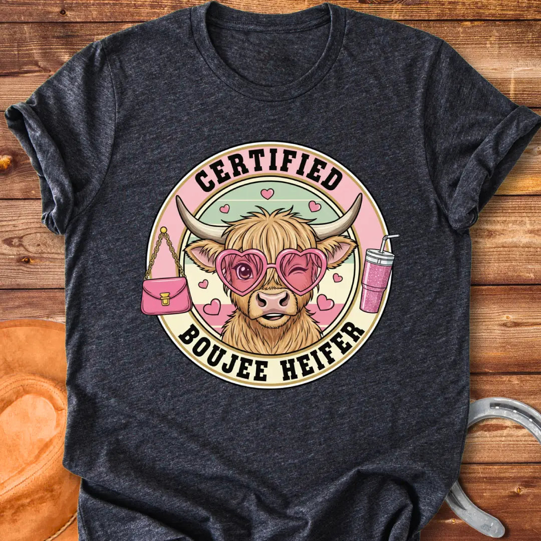 A cute cartoon highland cow wearing heart-shaped sunglasses, a purse, and a drink, labeled Certified Boujee Heifer.