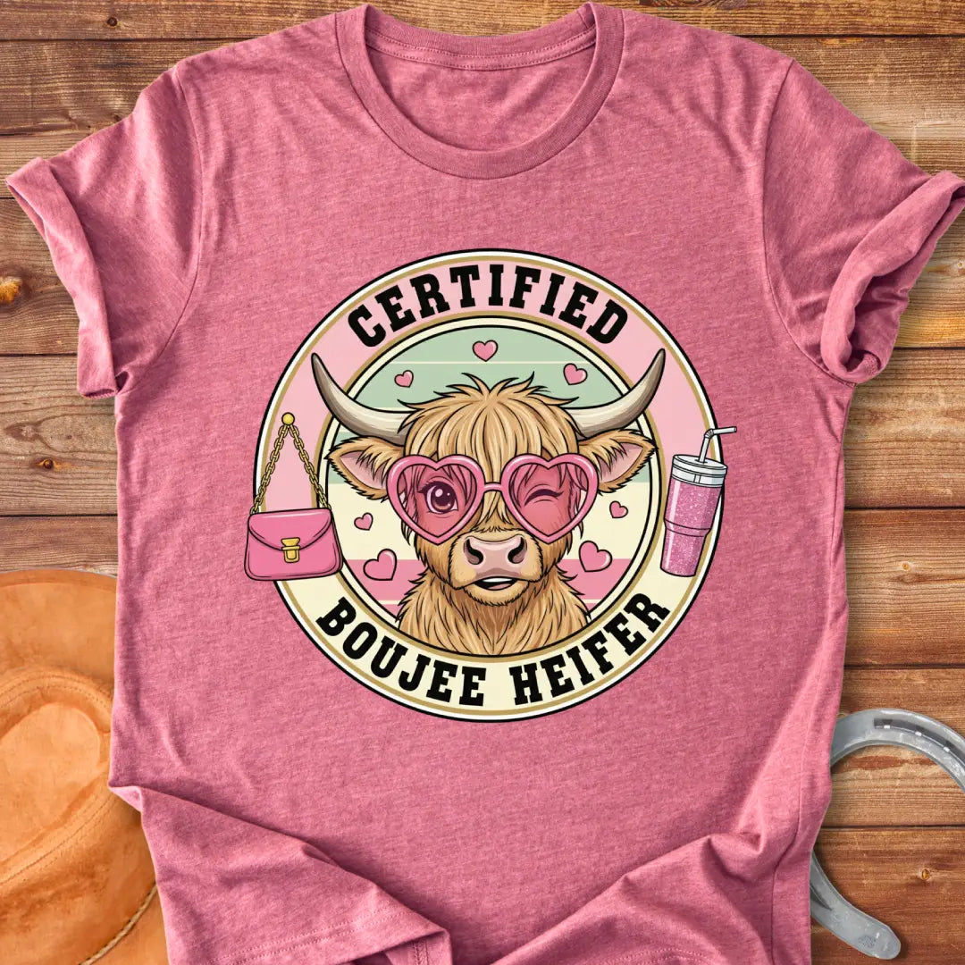 A cute cartoon highland cow wearing heart-shaped sunglasses, a purse, and a drink, labeled Certified Boujee Heifer.