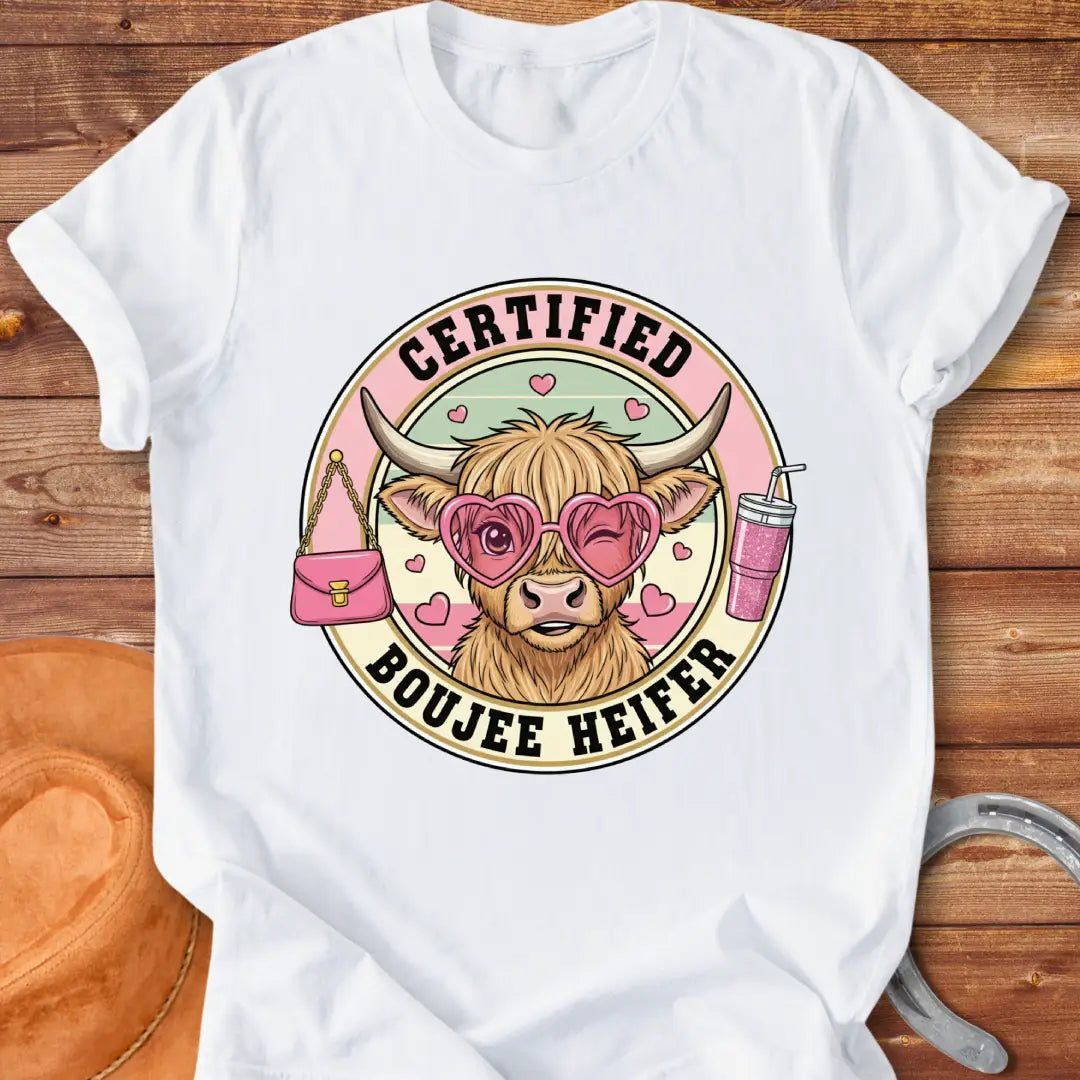 A cute cartoon highland cow wearing heart-shaped sunglasses, a purse, and a drink, labeled Certified Boujee Heifer.
