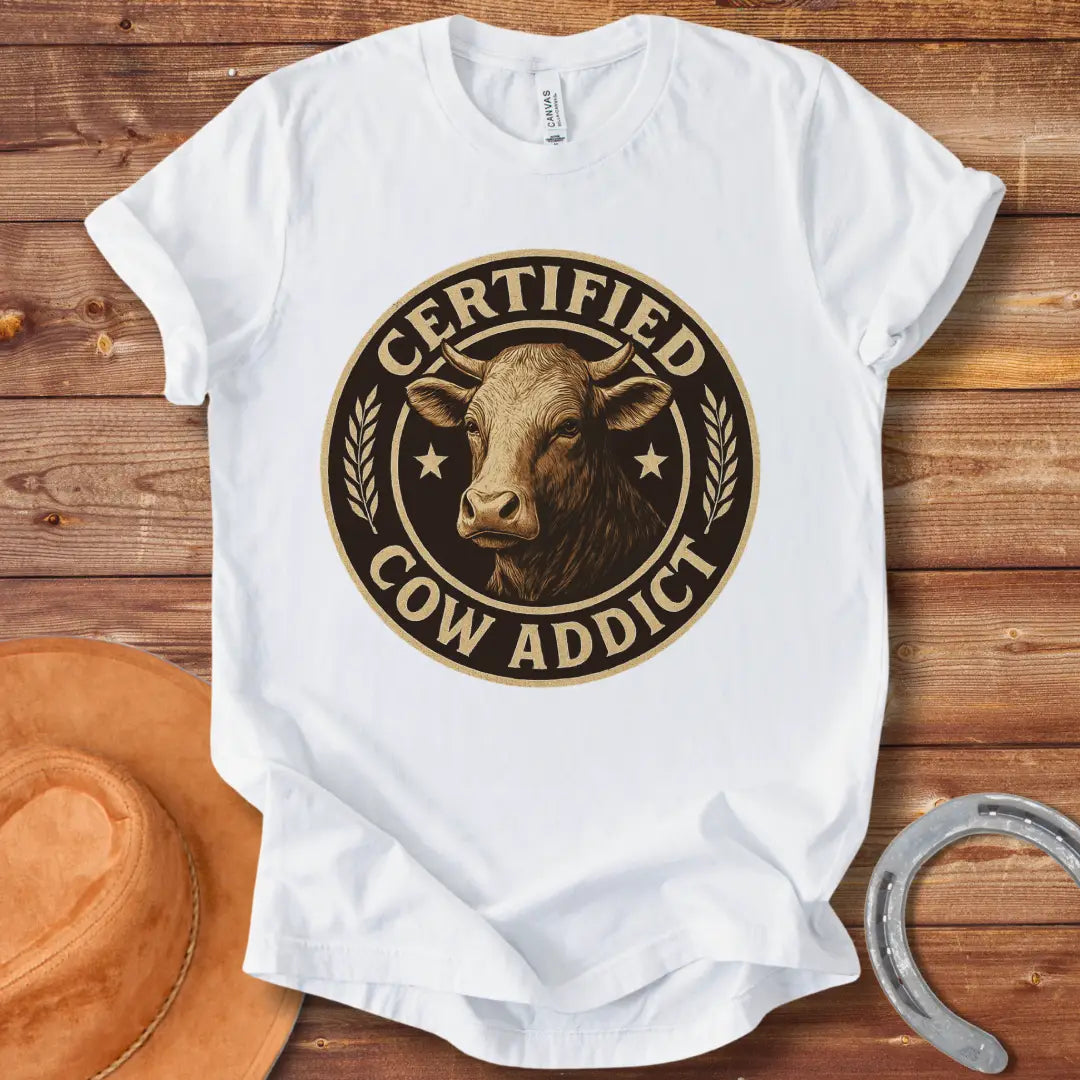 Certified Cow Addict T-Shirt design featuring a detailed cow portrait inside a circular badge.