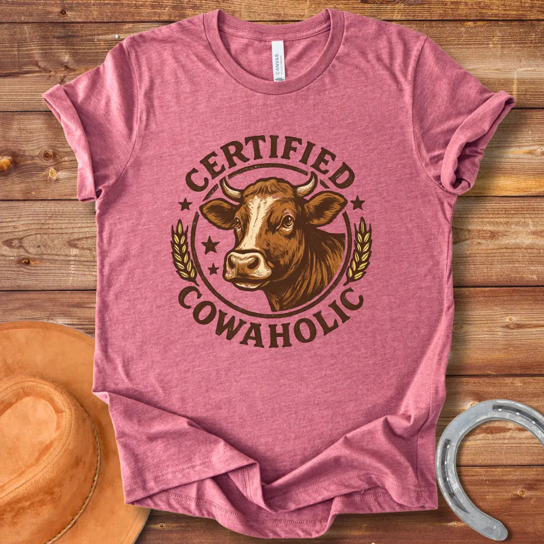Certified Cowaholic T-shirt design featuring a cow's head in a circular badge, surrounded by text and wheat stalks.