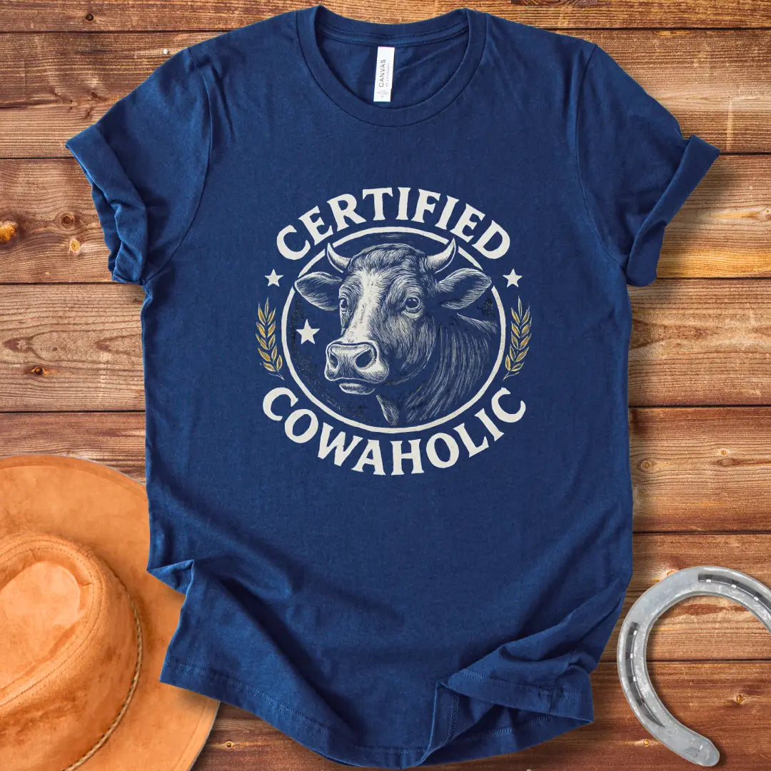 Certified Cowaholic T-shirt design featuring a cow's head in a circular badge, surrounded by text and wheat stalks.