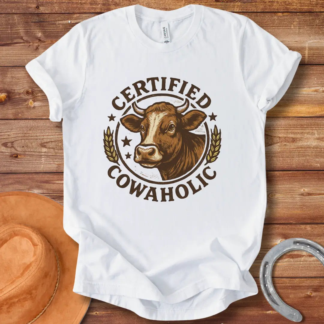 Certified Cowaholic T-shirt design featuring a cow's head in a circular badge, surrounded by text and wheat stalks.
