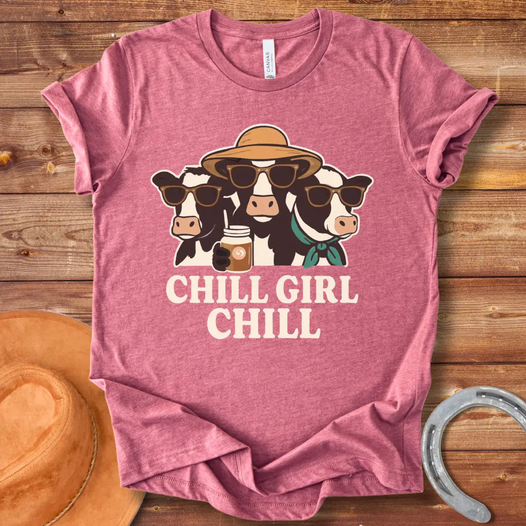 Chill cows wearing sunglasses and hats, enjoying a drink with the words 'Chill Girl Chill' below.