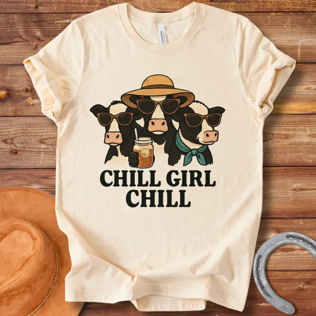 Chill cows wearing sunglasses and hats, enjoying a drink with the words 'Chill Girl Chill' below.