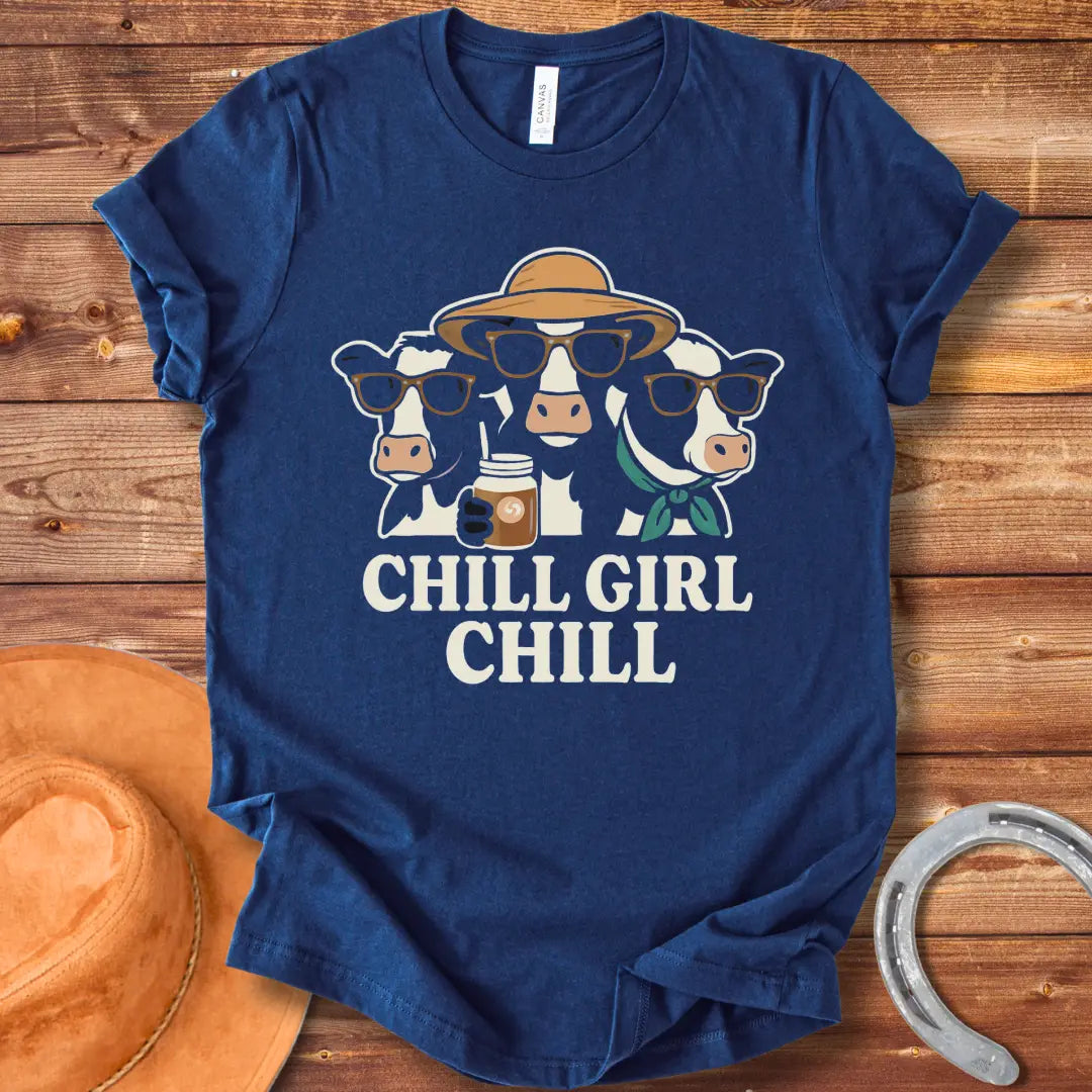 Chill cows wearing sunglasses and hats, enjoying a drink with the words 'Chill Girl Chill' below.