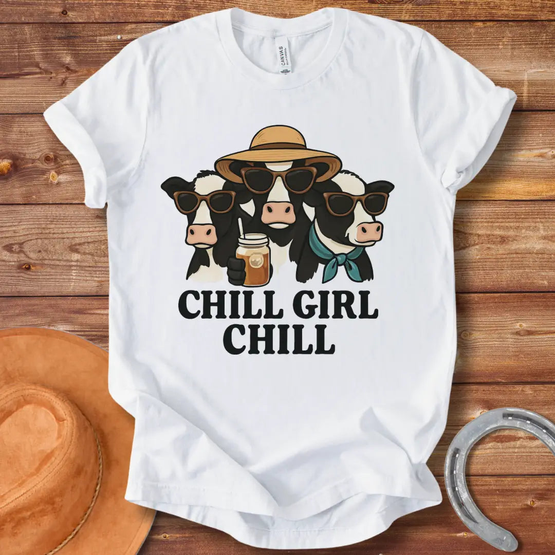 Chill cows wearing sunglasses and hats, enjoying a drink with the words 'Chill Girl Chill' below.