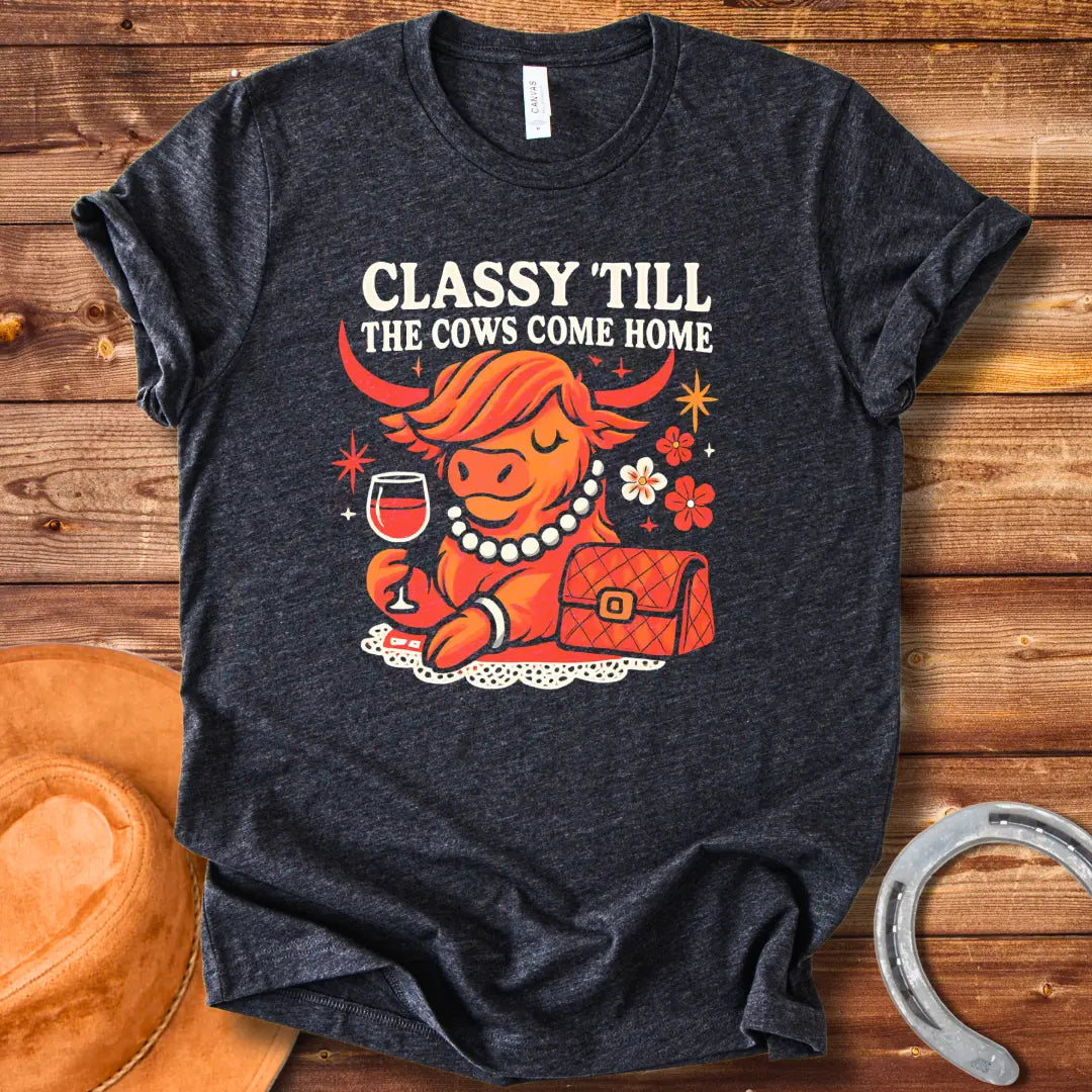 A stylish cow wearing a pearl necklace and holding a glass of wine, with the words "Classy 'Till The Cows Come Home".