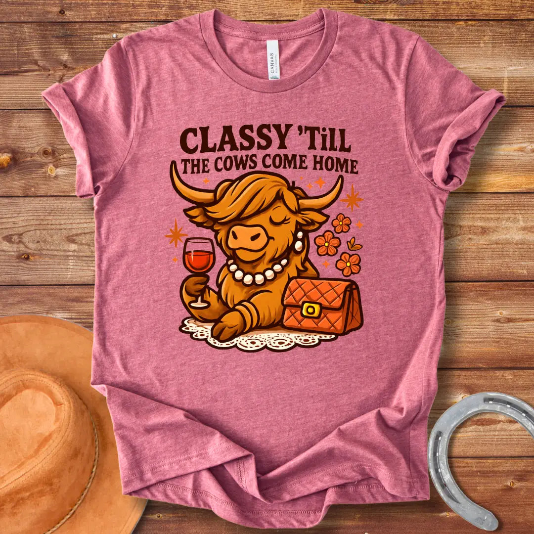 A stylish cow wearing a pearl necklace and holding a glass of wine, with the words "Classy 'Till The Cows Come Home".