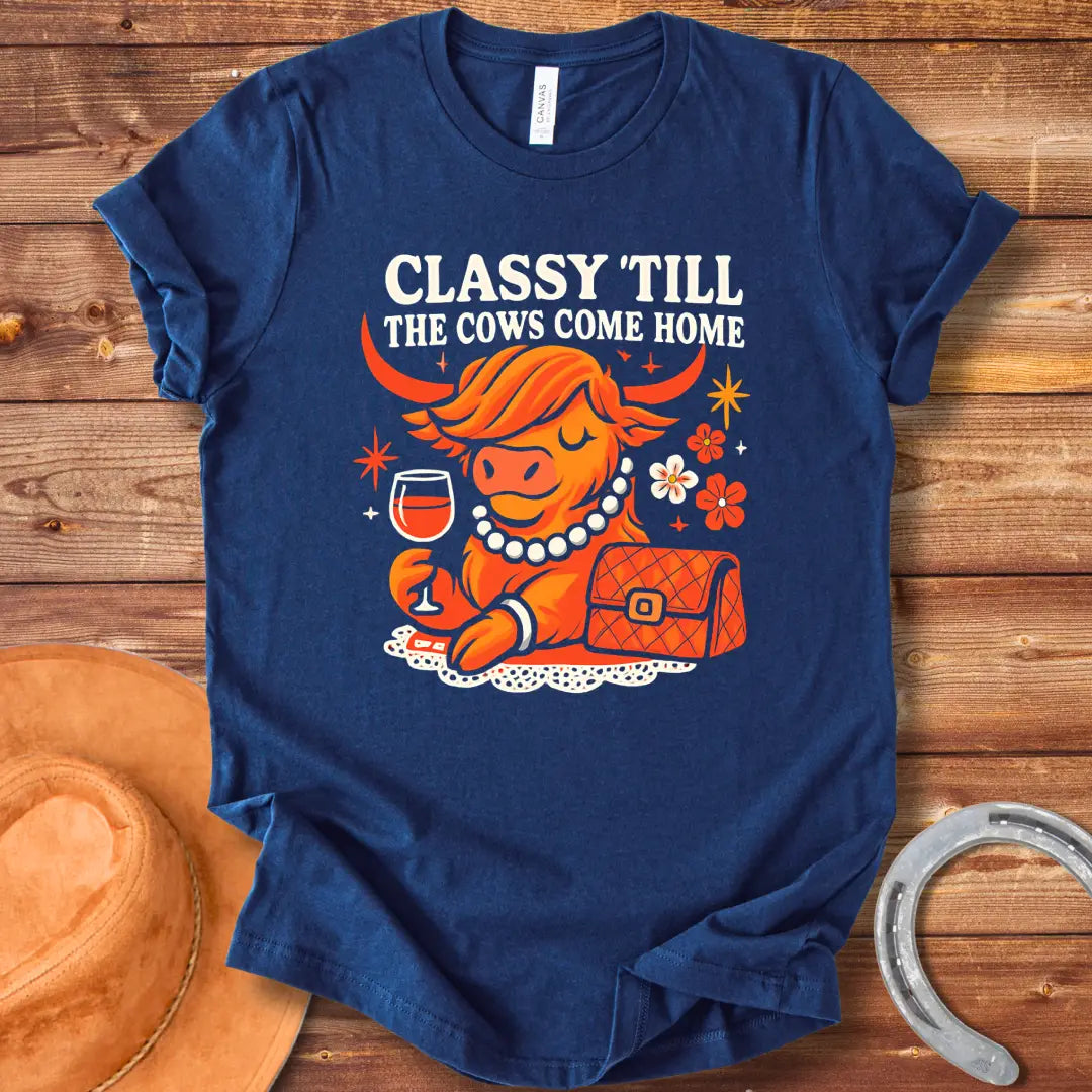 A stylish cow wearing a pearl necklace and holding a glass of wine, with the words "Classy 'Till The Cows Come Home".