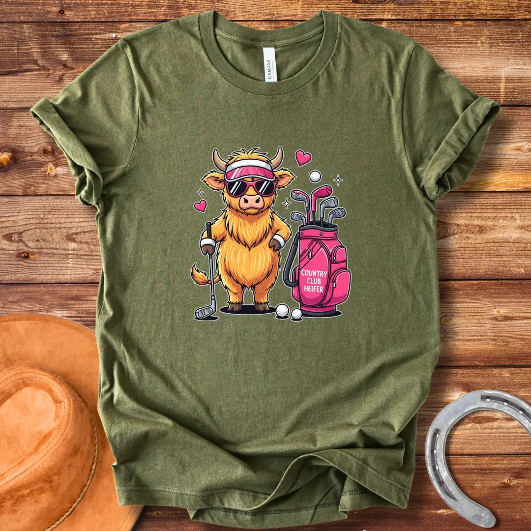 Cartoon illustration of a stylish Highland cow wearing sunglasses and a visor, holding a golf club next to a golf bag that reads 'Country Club Heifer.'